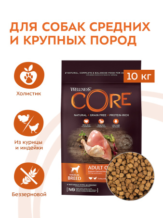 Сухой корм CORE для взрослых собак средних пород, из индейки с курицей 10 кг фото в интернет-магазине SHOP-GROOM.ru